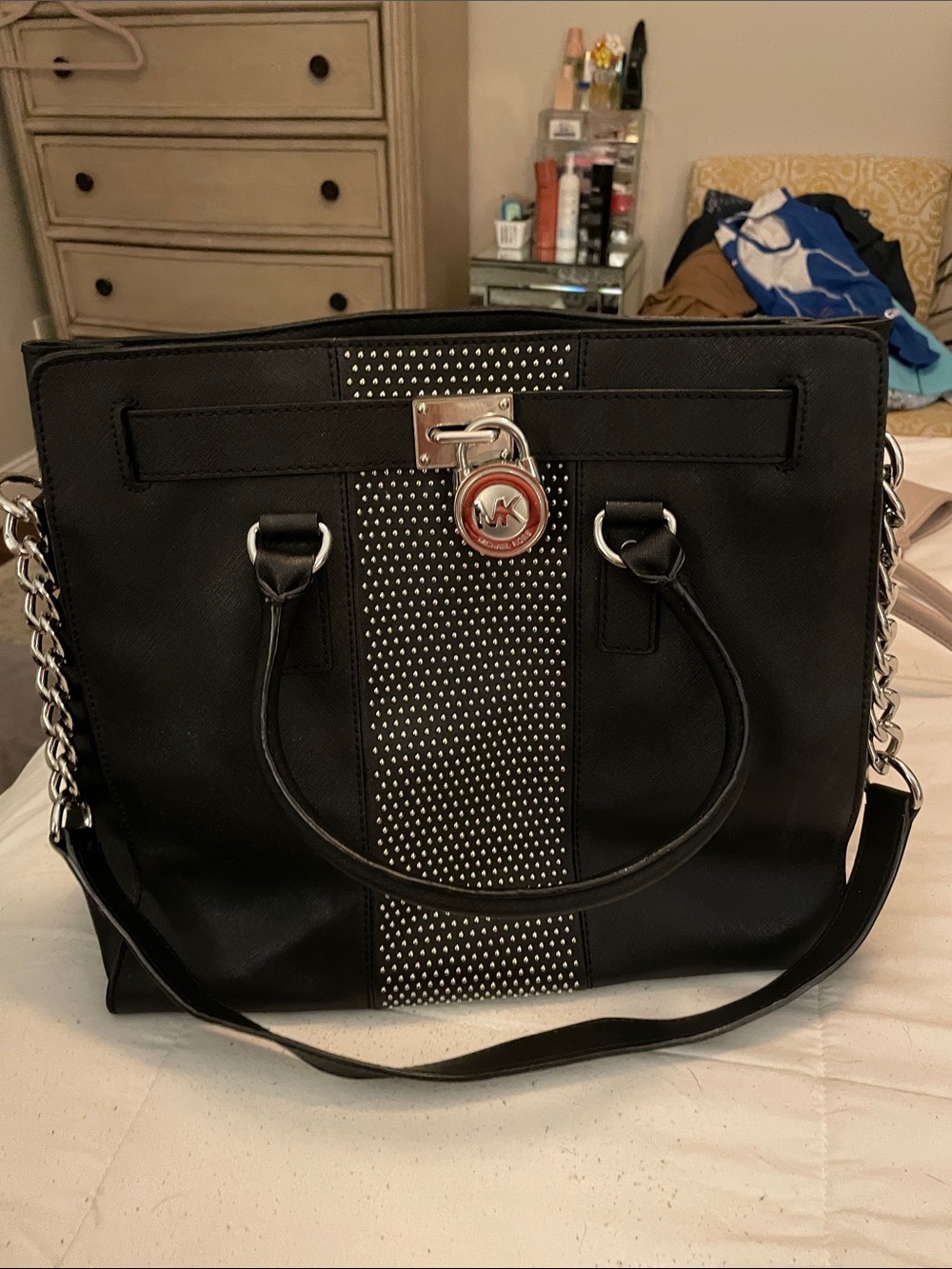 Michael Kors Black Tote with Silver Stud Center and Chain-Strap